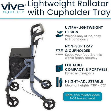 Vive Mobility Lightweight Rollator with Cupholder Tray on a white background