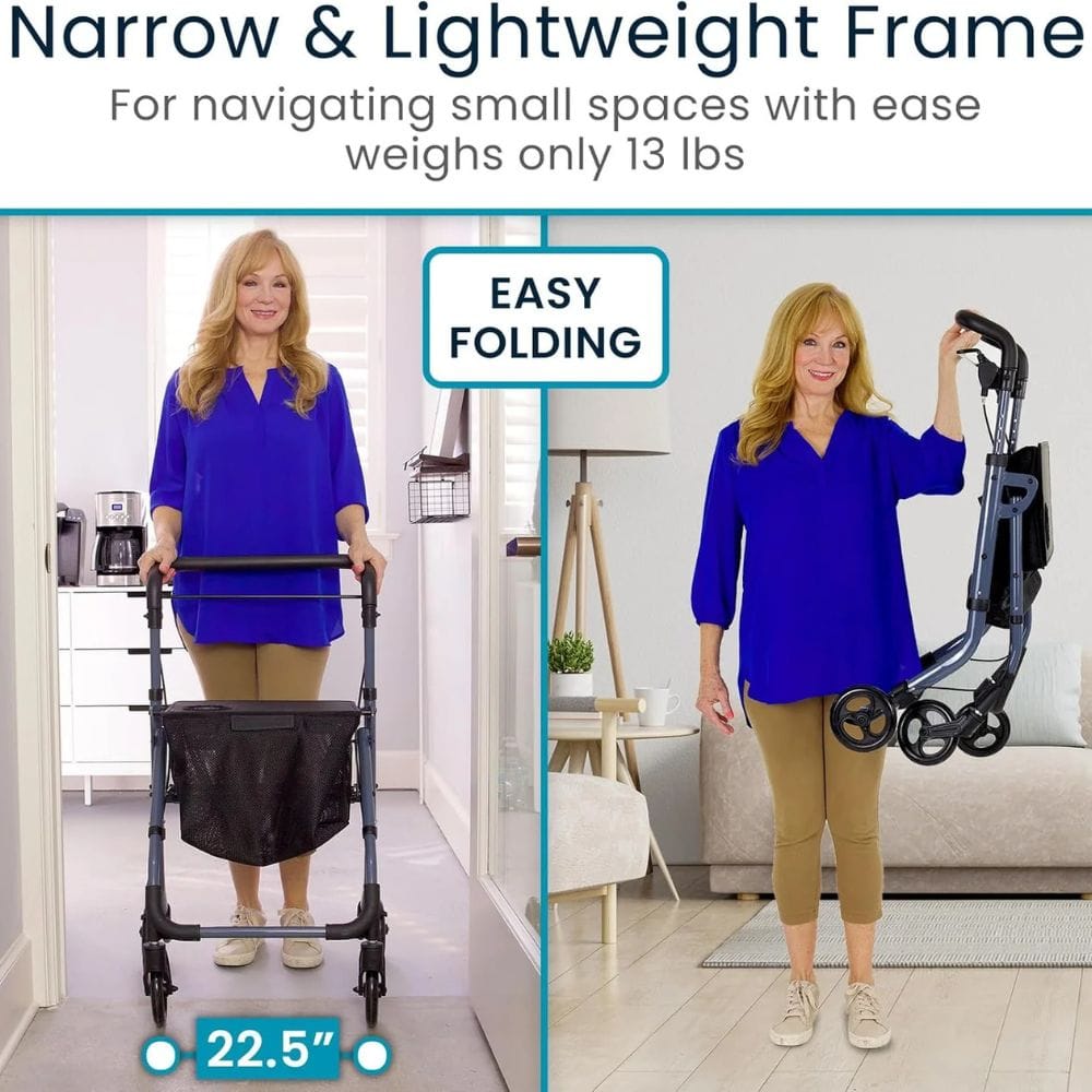 Woman with a narrow and lightweight frame walker in a home setting