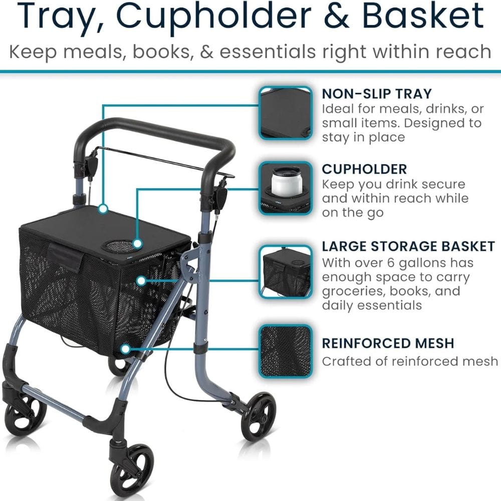 Rollator with tray, cupholder, and basket features on a white background