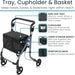 Rollator with tray, cupholder, and basket features on a white background