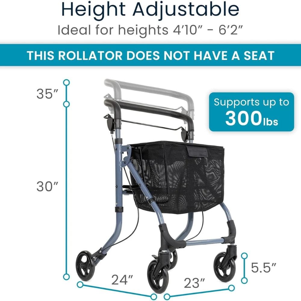 Height adjustable rollator with dimensions and weight capacity information on a white background