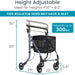 Height adjustable rollator with dimensions and weight capacity information on a white background