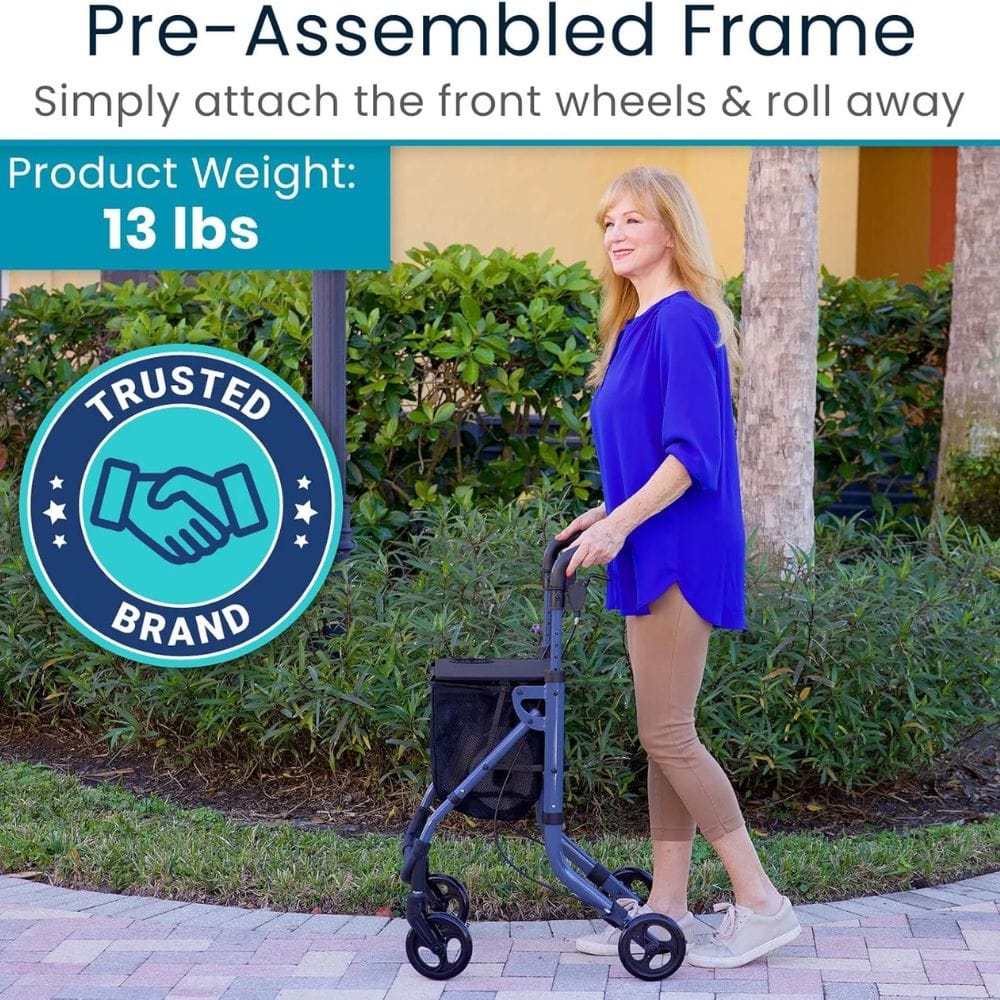 Woman pushing a walker with text about a pre-assembled frame and product weight.