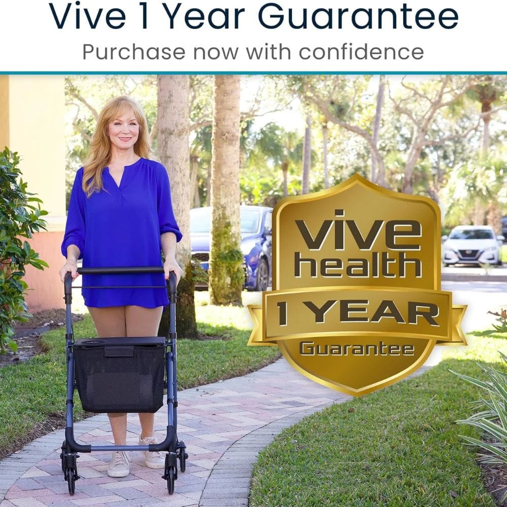 Woman pushing a stroller with 'Vive Health' 1 year guarantee badge in the foreground.