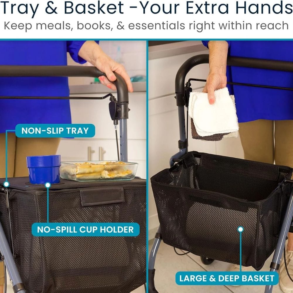 Collapsible cart with non-slip tray, no-spill cup holder, and large deep basket.