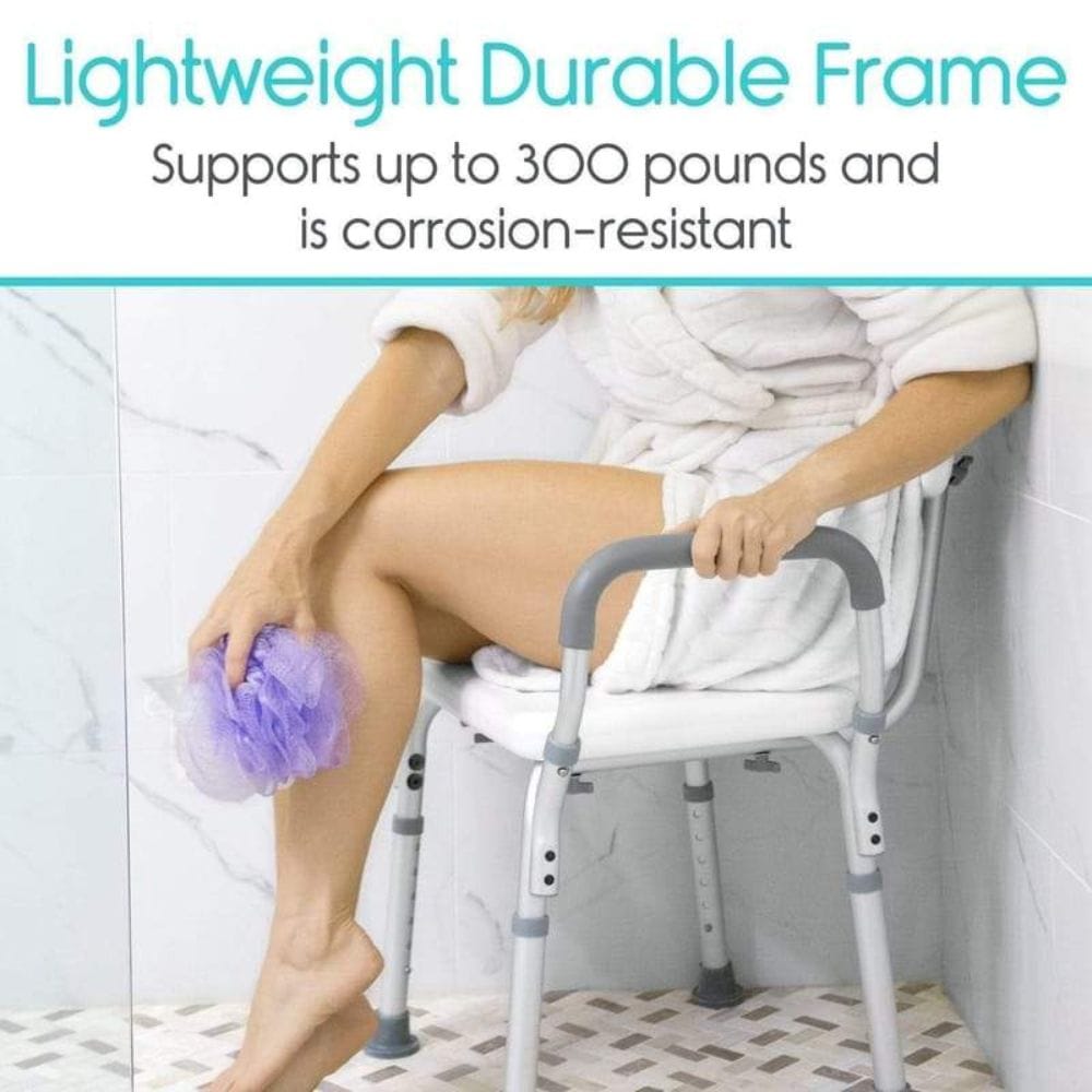 Person using a shower chair with text about its durability and weight capacity.