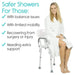 Woman in a white robe sitting on a shower chair with text about safer showers for specific needs.