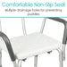 White shower chair with gray armrests and text about a comfortable non-slip seat and drainage holes.