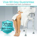 Person sitting on a shower chair with 'Vive Health' branding and 60-day guarantee offer.