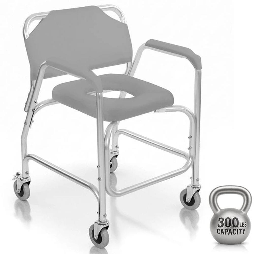 Gray shower chair with wheels and a kettlebell labeled '300 lbs capacity' on a white background
