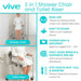 Vive 2-in-1 Shower Chair and Toilet Riser with features listed on a white background