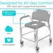Shower chair with text highlighting features like 'Padded seat & armrests', 'Soft seat', and 'Supportive backrest'.