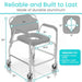 Gray shower chair with measurements and durability text on a white background