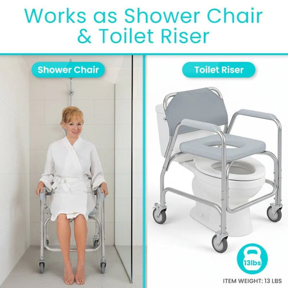 Multifunctional chair used as a shower chair and toilet riser with a woman sitting on it.