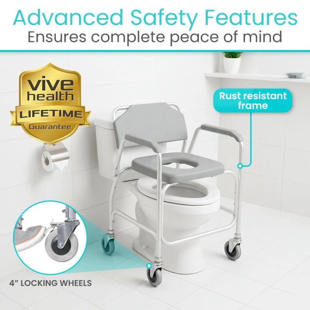 Vive Health commode chair with safety features highlighted on a white background
