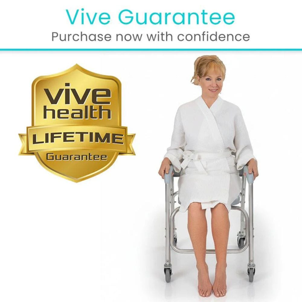 Woman in a white robe sitting on a shower chair with Vive Health Lifetime Guarantee badge.