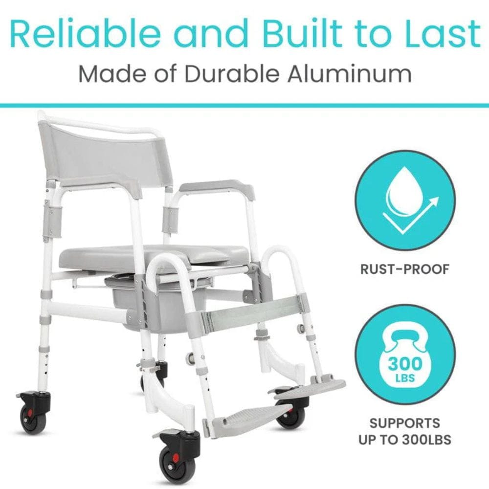 Shower chair with wheels on a white background, featuring durability and weight capacity information.
