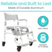 Shower chair with wheels on a white background, featuring durability and weight capacity information.