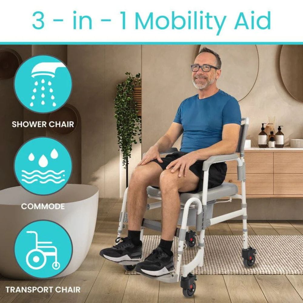 Man using a 3-in-1 mobility aid chair in a bathroom setting with icons indicating its functions.