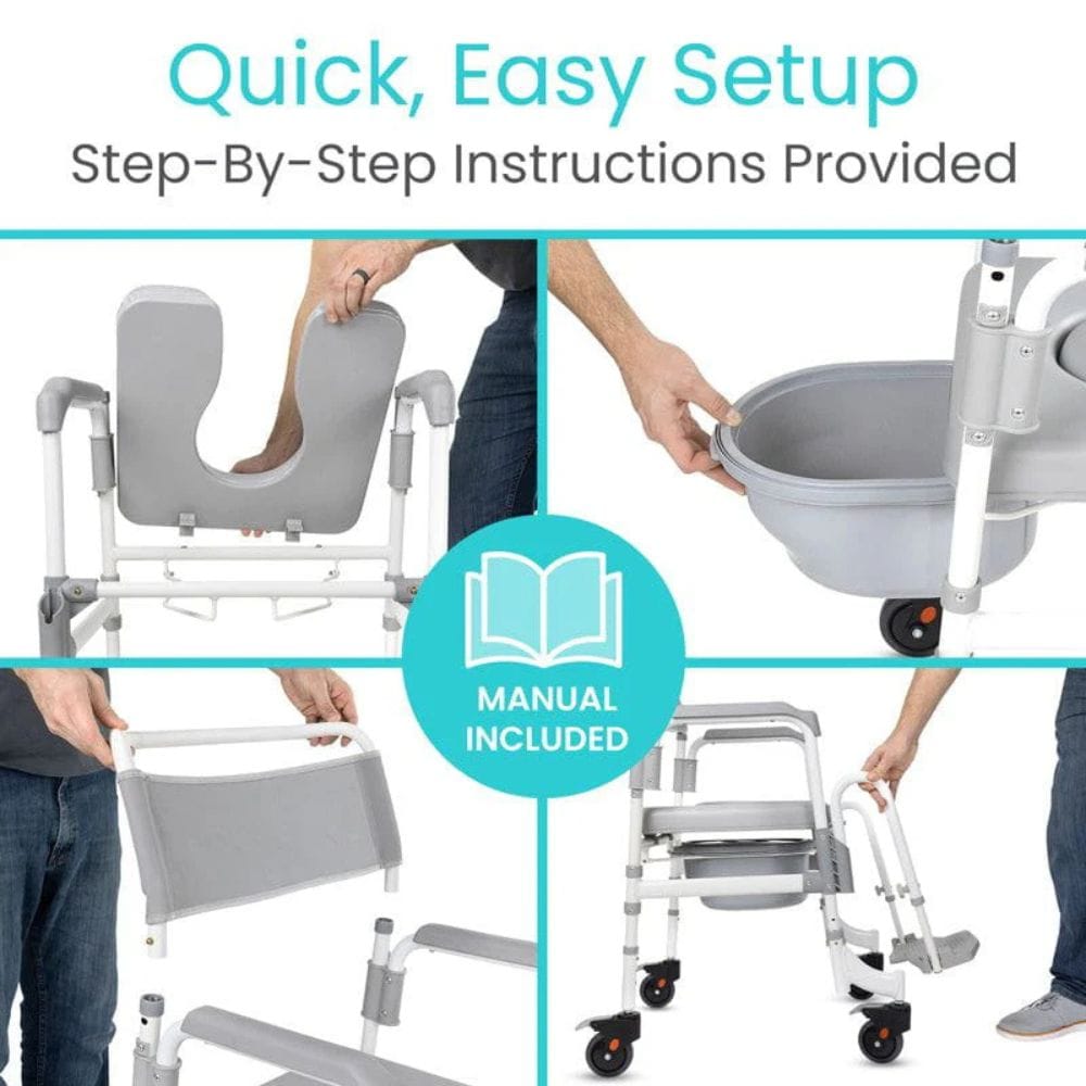 Collage of a shower chair being set up with text about quick setup and step-by-step instructions.