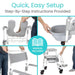 Collage of a shower chair being set up with text about quick setup and step-by-step instructions.