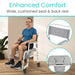 Man sitting in a shower chair with cushioned seat and back rest, emphasizing comfort.