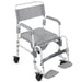 Gray and white commode chair with wheels on a white background