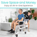 Two men in a bathroom with one using a shower chair and the other assisting.