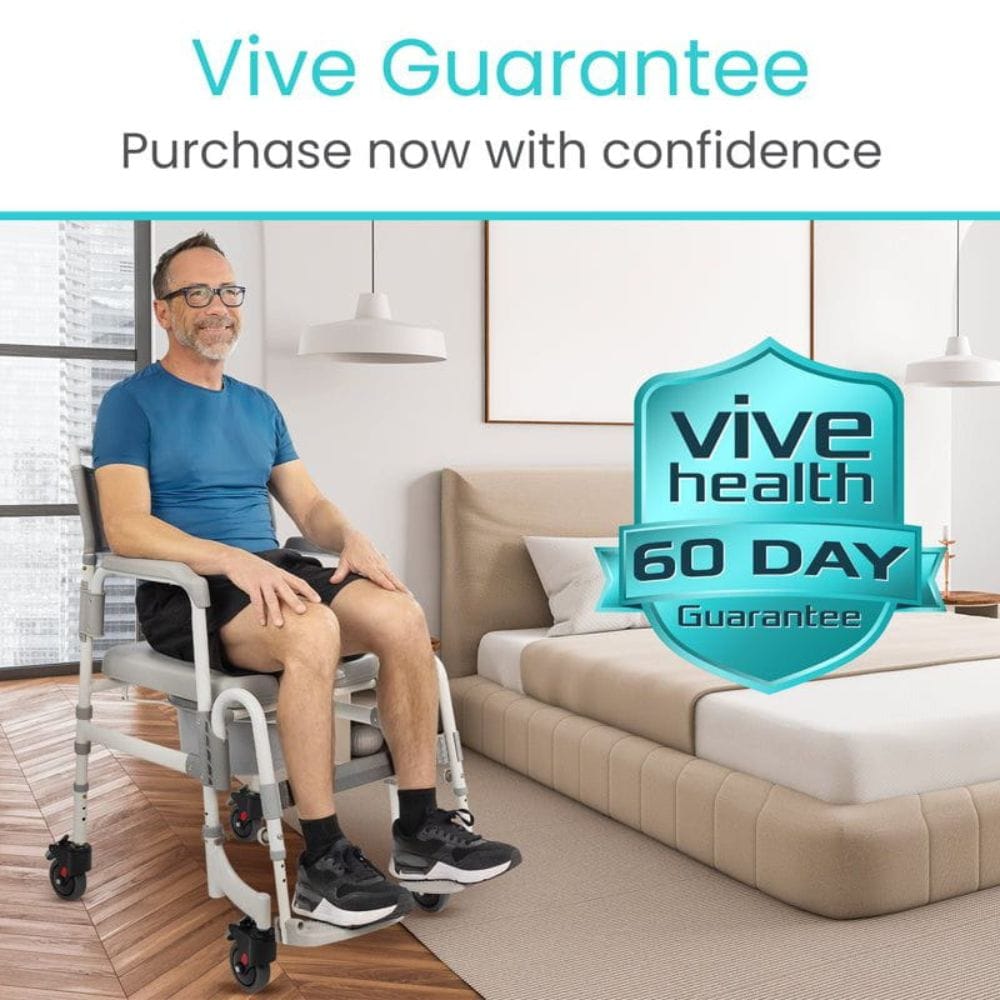Man sitting on a chair with 'Vive Health' branding and 60-day guarantee offer.