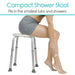 Compact shower stool with a person sitting on it, text indicating it fits in small spaces.