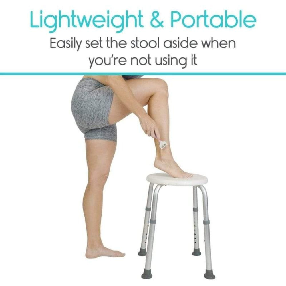 Person using a portable stool with text highlighting its lightweight and portable features.