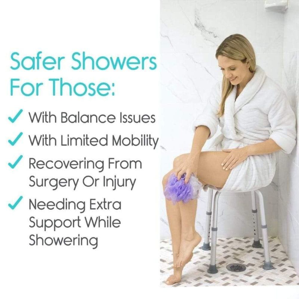Woman using a shower stool with text about safer showers for specific needs.