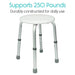 White stool with adjustable legs on a white background, text indicating weight capacity and durability.