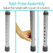 Adjustable height leg with tool-free assembly feature and hand pushing button.