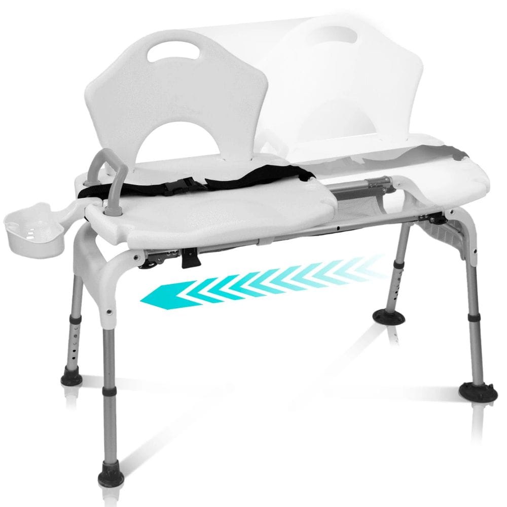 White medical transfer bench with adjustable legs on a white background