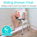 Sliding shower chair being used by a person in a bathroom setting with text indicating safety benefits.