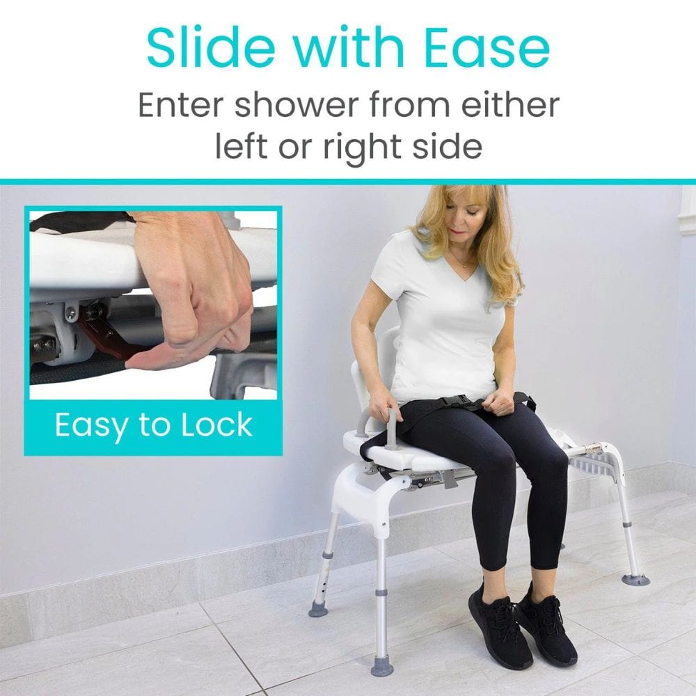 Woman using a shower seat with text 'Slide with Ease' and 'Enter shower from either left or right side'.