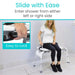 Woman using a shower seat with text 'Slide with Ease' and 'Enter shower from either left or right side'.