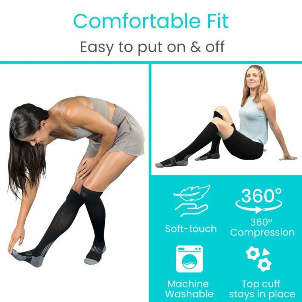 Compression socks with text highlighting features like comfort, ease of use, soft-touch, compression, machine washability, and top cuff staying in place.