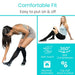 Compression socks with text highlighting features like comfort, ease of use, soft-touch, compression, machine washability, and top cuff staying in place.