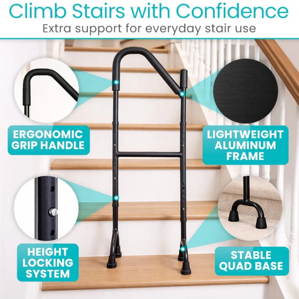 Stair climbing aid with ergonomic grip handle, lightweight aluminum frame, height locking system, and stable quad base on a staircase.