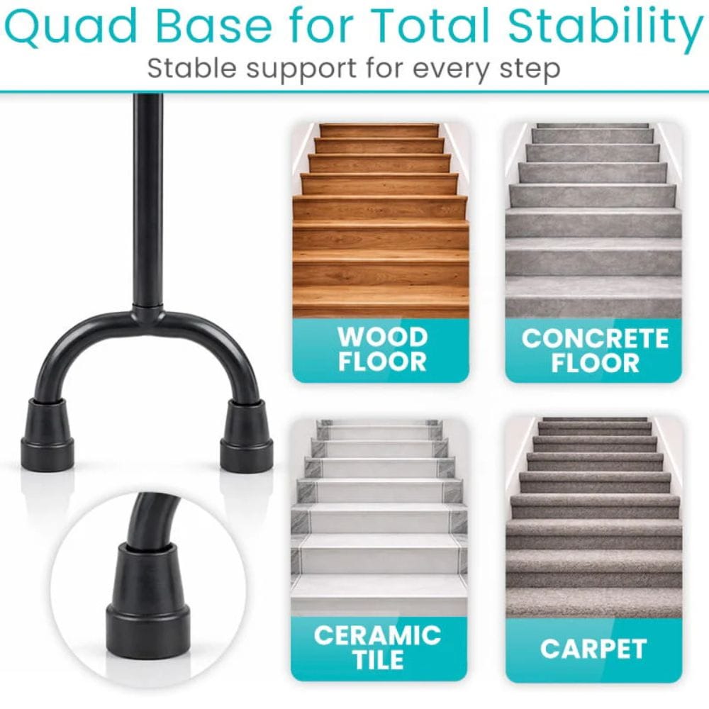 Stair rail with quad base for total stability on various floor types.