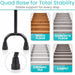 Stair rail with quad base for total stability on various floor types.