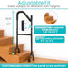 Adjustable stair rail with height measurement details on a wooden staircase.
