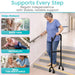 Woman using a walker to climb stairs with text highlighting support for independence.