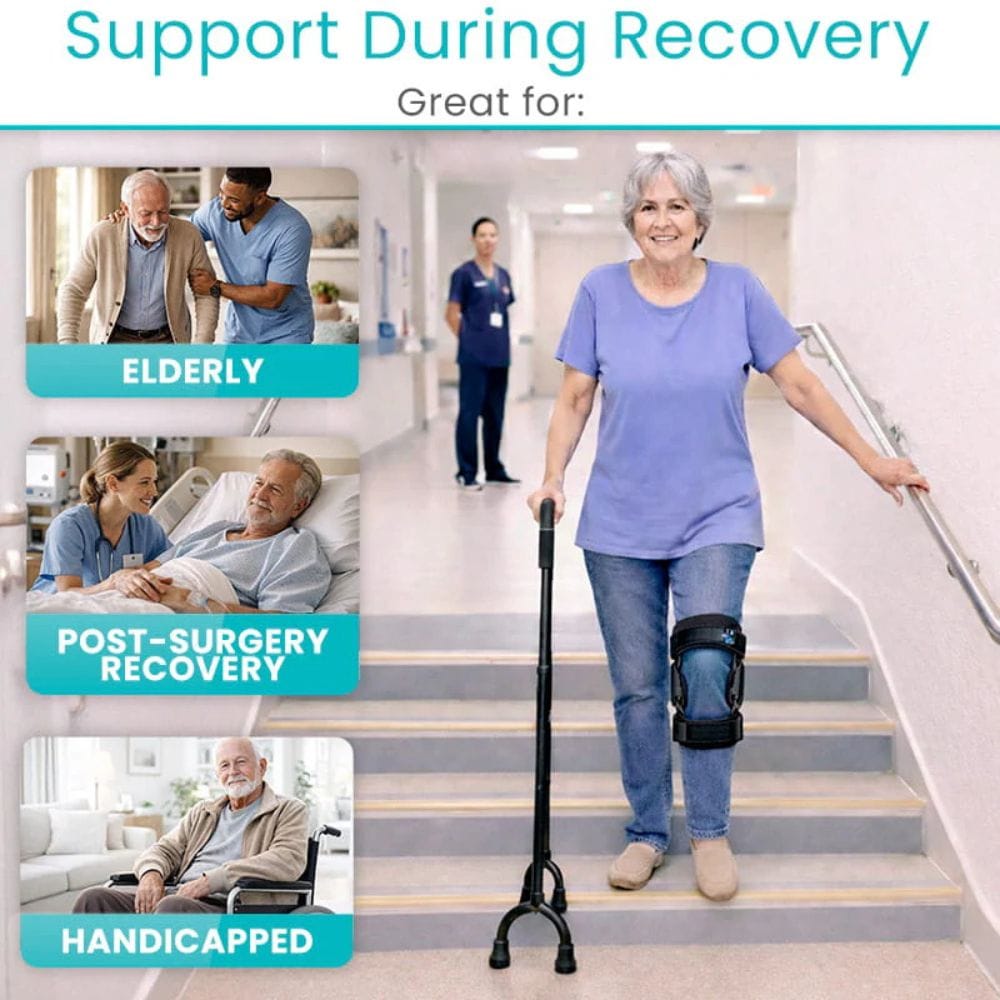Woman using a cane and walking up stairs with text about support during recovery for elderly, post-surgery recovery, and handicapped.