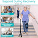 Woman using a cane and walking up stairs with text about support during recovery for elderly, post-surgery recovery, and handicapped.