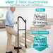Man using a stair handrail with Vive Health branding and guarantees displayed.