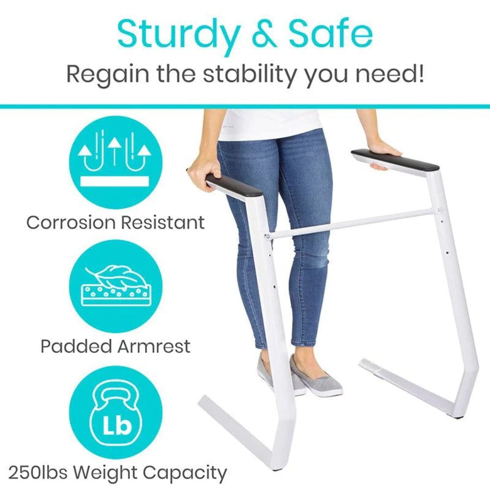 Person using a stable aid with text highlighting features like corrosion resistance, padded armrest, and weight capacity.