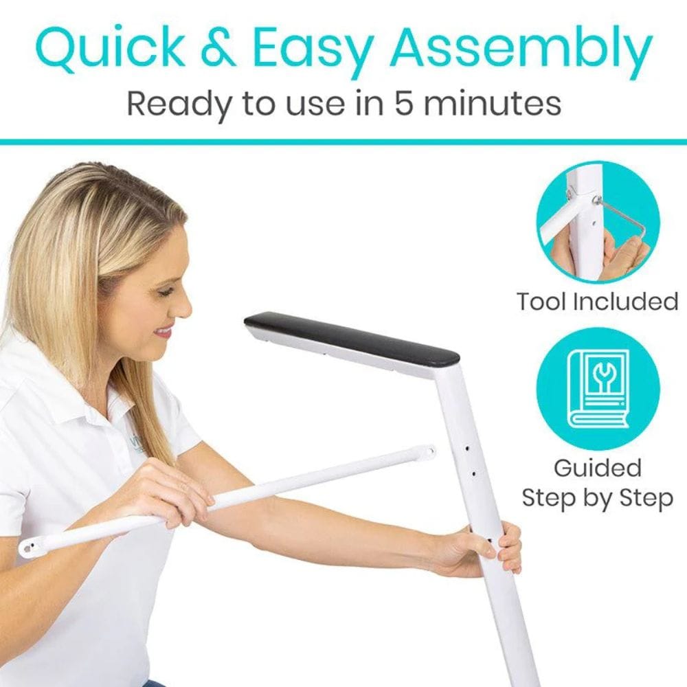 Woman assembling a white ladder with text about quick and easy assembly.